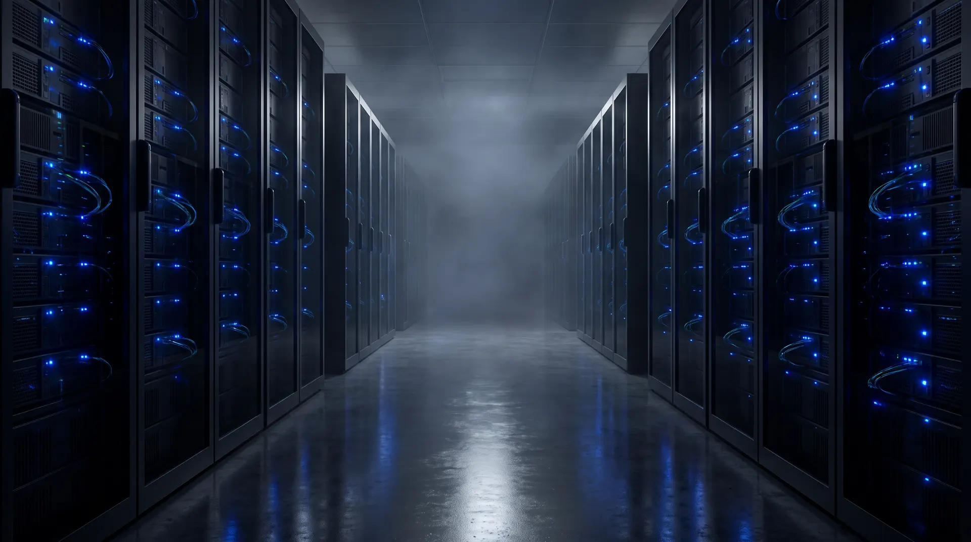Donkere servergang met blauwe lichtjes
