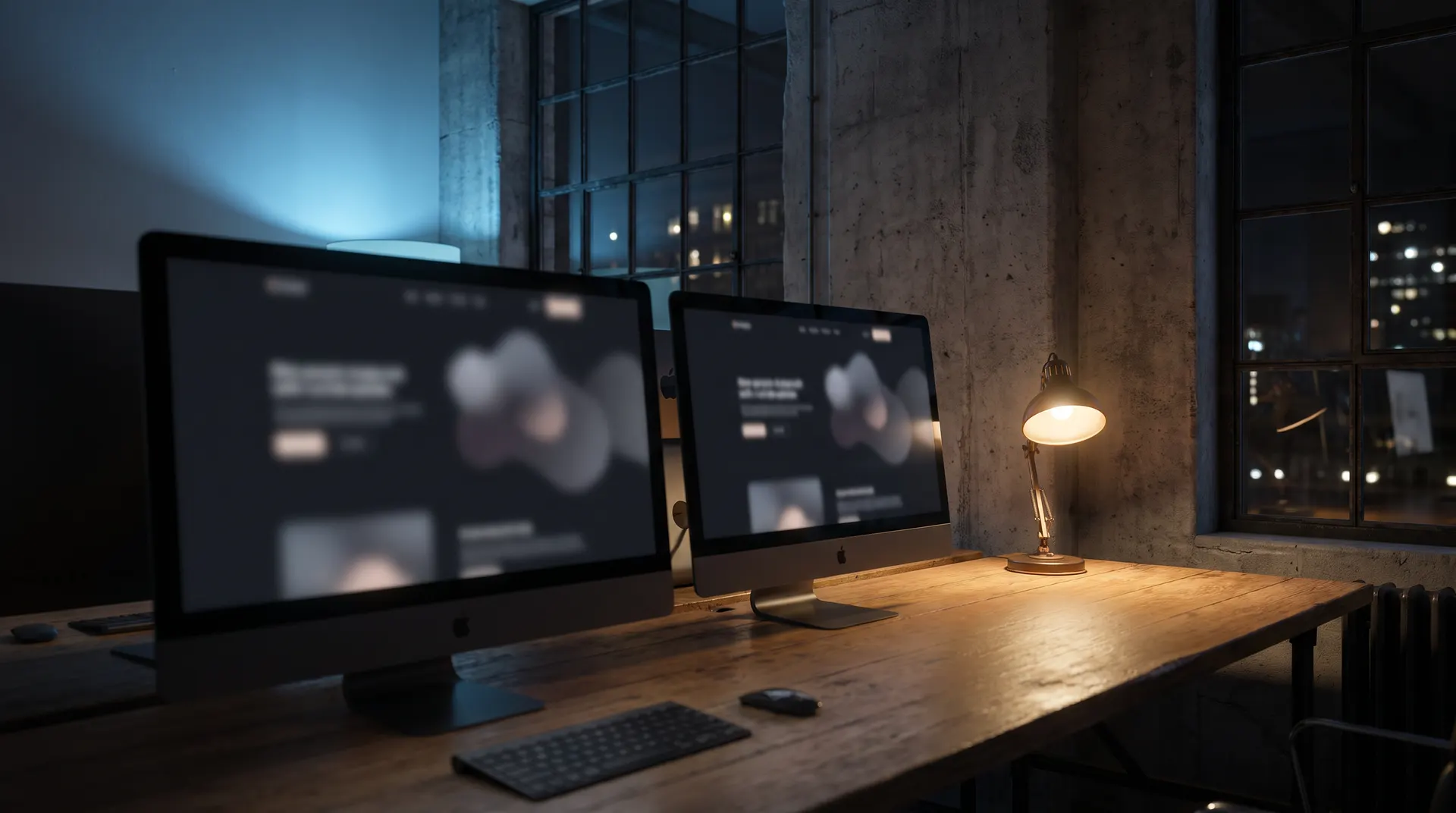 Donkere loft-werkplaats met twee monitoren en een bureaulamp