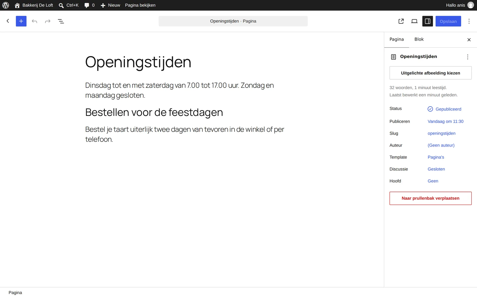 De WordPress-editor met een pagina in bewerking